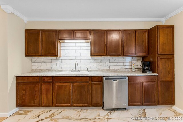 11815 S 86th E Ave, Bixby, OK 74008 - kitchen with dishwasher, a sink, light marble finish floors, ornamental molding, and baseboards