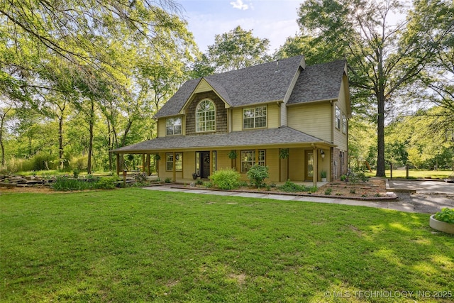 21304 S 4200th Rd, Claremore, OK 74019 - view of front of house featuring roof with shingles, a front yard, and covered porch