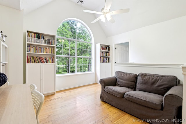 21304 S 4200th Rd, Claremore, OK 74019 - living room with plenty of natural light, ceiling fan, light wood-style flooring, and high vaulted ceiling