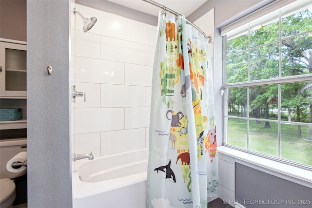 21304 S 4200th Rd, Claremore, OK 74019 - bathroom with plenty of natural light, shower / bath combo with shower curtain, radiator heating unit, and toilet
