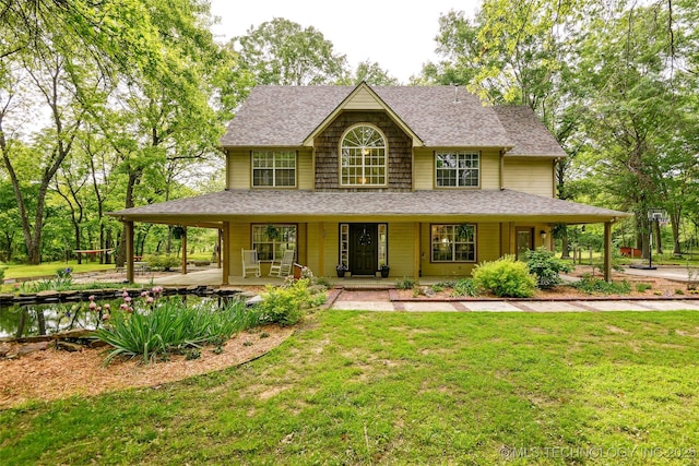 21304 S 4200th Rd, Claremore, OK 74019 - country-style home with a shingled roof, a front yard, and a porch