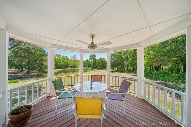 5094 N 209th W Ave, Sand Springs, OK 74063 - deck with ceiling fan, view of scattered trees, and outdoor dining space
