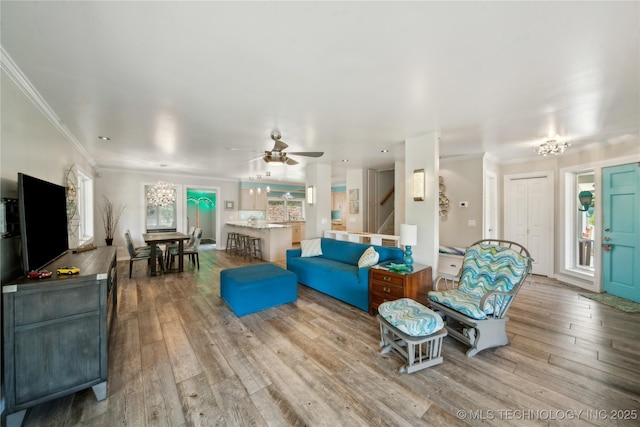 5094 N 209th W Ave, Sand Springs, OK 74063 - living area featuring ceiling fan, hardwood / wood-style flooring, stairs, and crown molding