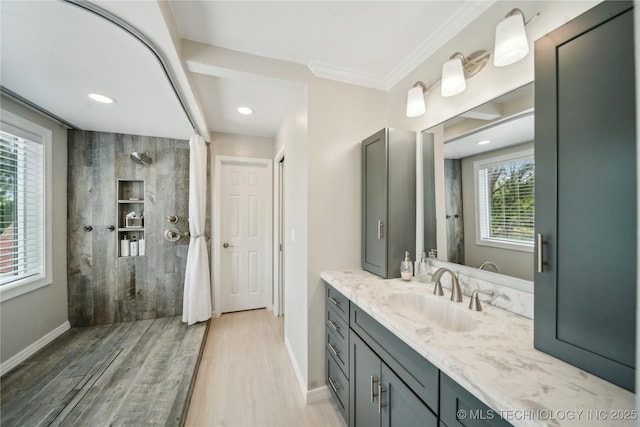 5094 N 209th W Ave, Sand Springs, OK 74063 - full bath with walk in shower, baseboards, wood finished floors, vanity, and crown molding
