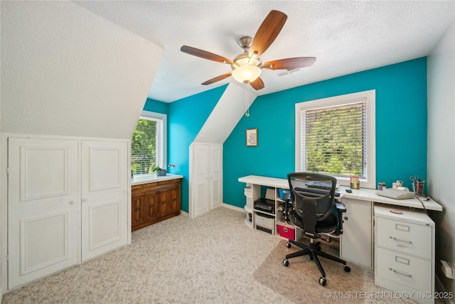5094 N 209th W Ave, Sand Springs, OK 74063 - home office with vaulted ceiling, a ceiling fan, carpet flooring, and a textured ceiling