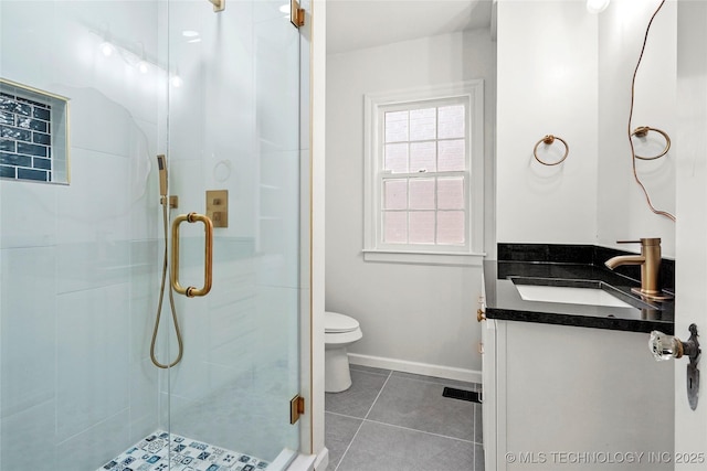 1208 E 29th St, Tulsa, OK 74114 - full bath featuring a shower stall, toilet, vanity, tile patterned flooring, and baseboards