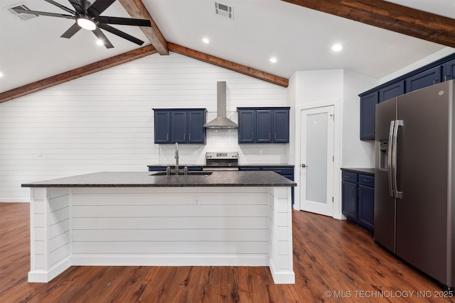 6345 W 53rd St, Tulsa, OK 74126 - kitchen with appliances with stainless steel finishes, wall chimney range hood, blue cabinets, a sink, and ceiling fan
