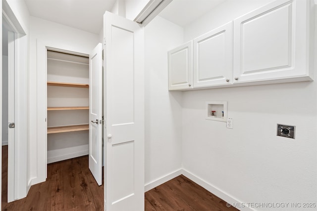 6345 W 53rd St, Tulsa, OK 74126 - laundry area featuring cabinet space, electric dryer hookup, dark wood-style floors, hookup for a washing machine, and baseboards