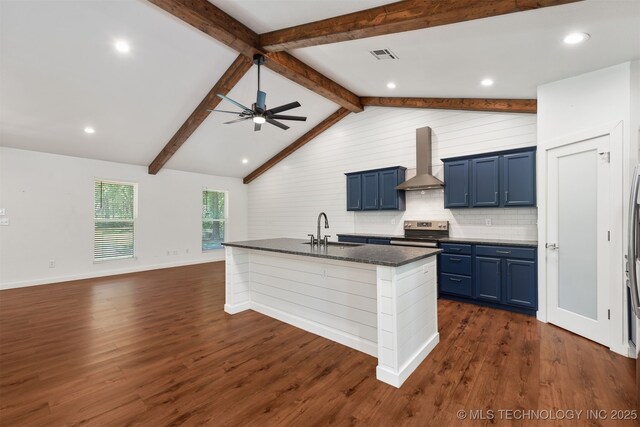 6345 W 53rd St, Tulsa, OK 74126 - kitchen with wall chimney range hood, blue cabinetry, a sink, stainless steel electric range oven, and recessed lighting