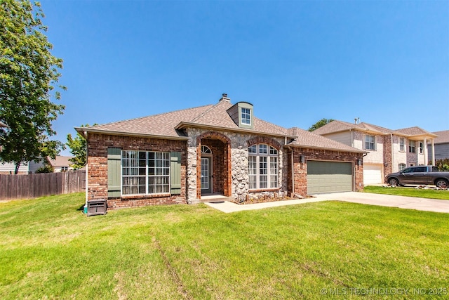 view of front facade with brick siding, an attached garage, concrete driveway, and a shingled roof