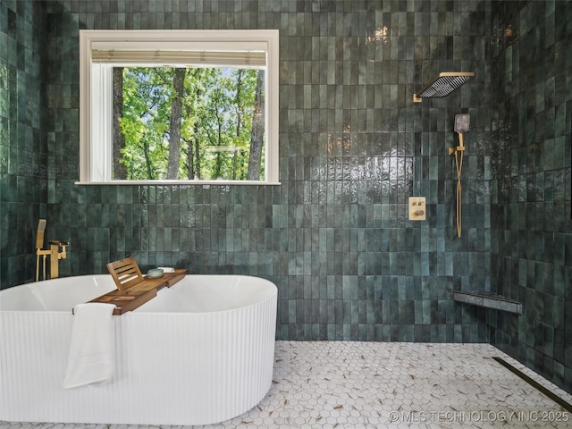 506 E 120th Pl S, Jenks, OK 74037 - full bathroom featuring a soaking tub, a tile shower, and tile walls