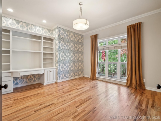 506 E 120th Pl S, Jenks, OK 74037 - spare room featuring wallpapered walls, light wood finished floors, ornamental molding, and baseboards