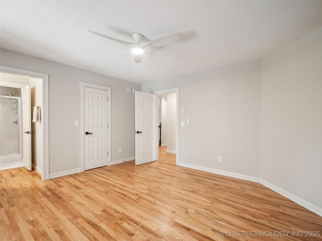506 E 120th Pl S, Jenks, OK 74037 - unfurnished bedroom featuring light wood-style flooring, baseboards, ensuite bath, and a ceiling fan