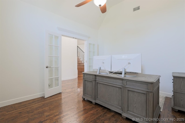 16958 E 45th St, Tulsa, OK 74134 - kitchen with ceiling fan, vaulted ceiling, a desk, dark wood finished floors, and french doors