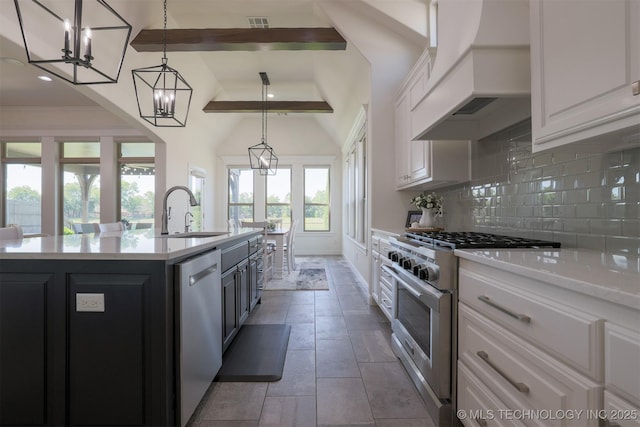 16958 E 45th St, Tulsa, OK 74134 - kitchen featuring stainless steel appliances, tasteful backsplash, white cabinets, custom exhaust hood, and recessed lighting