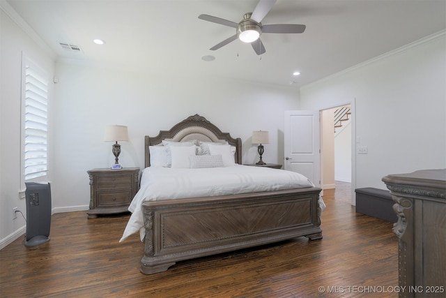 16958 E 45th St, Tulsa, OK 74134 - bedroom featuring ornamental molding, dark wood-type flooring, recessed lighting, and ceiling fan