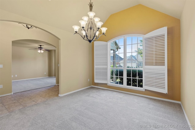 2000 W Vail St, Broken Arrow, OK 74012 - unfurnished room featuring carpet, arched walkways, a ceiling fan, a chandelier, and lofted ceiling