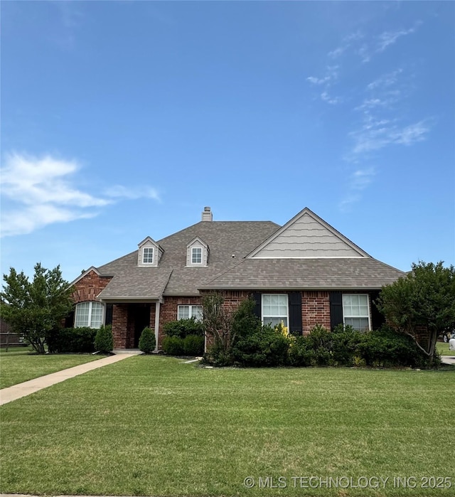 2000 W Vail St, Broken Arrow, OK 74012 - view of front of home with a shingled roof, a front yard, brick siding, and a chimney