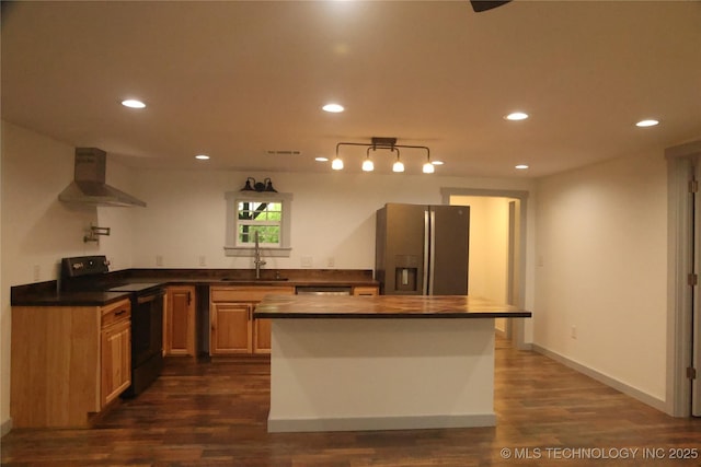 1185 E Pine St, Westville, OK 74965 - kitchen with ventilation hood, black / electric stove, stainless steel fridge with ice dispenser, a sink, and dark countertops