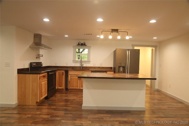 1185 E Pine St, Westville, OK 74965 - kitchen with black electric range, stainless steel refrigerator with ice dispenser, wall chimney range hood, recessed lighting, and dark wood finished floors