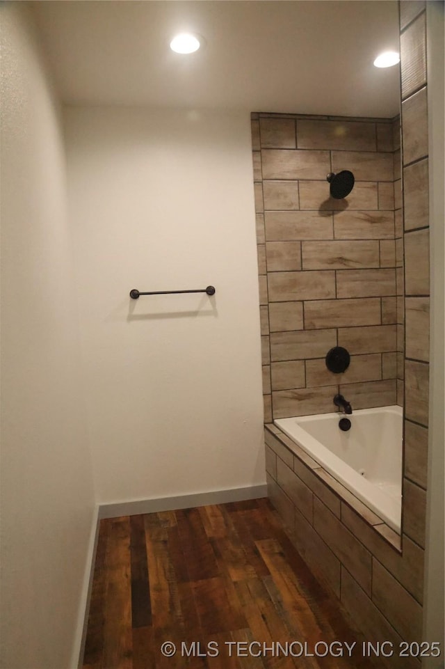 1185 E Pine St, Westville, OK 74965 - bathroom with wood finished floors, baseboards, tiled shower / bath, and recessed lighting