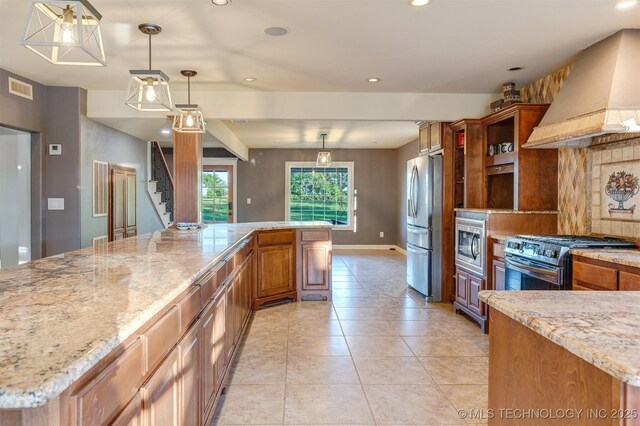5378 W 450th Rd, Pryor, OK 74361 - kitchen with custom exhaust hood, stainless steel appliances, recessed lighting, brown cabinetry, and light tile patterned floors