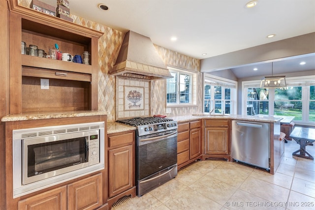 5378 W 450th Rd, Pryor, OK 74361 - kitchen featuring stainless steel appliances, custom range hood, a sink, light stone countertops, and recessed lighting