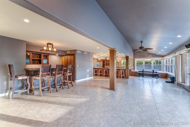 5378 W 450th Rd, Pryor, OK 74361 - tiled dining area with a ceiling fan, baseboards, recessed lighting, and lofted ceiling
