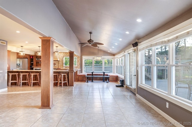 5378 W 450th Rd, Pryor, OK 74361 - sunroom / solarium featuring healthy amount of natural light, recessed lighting, tile patterned flooring, vaulted ceiling, and baseboards