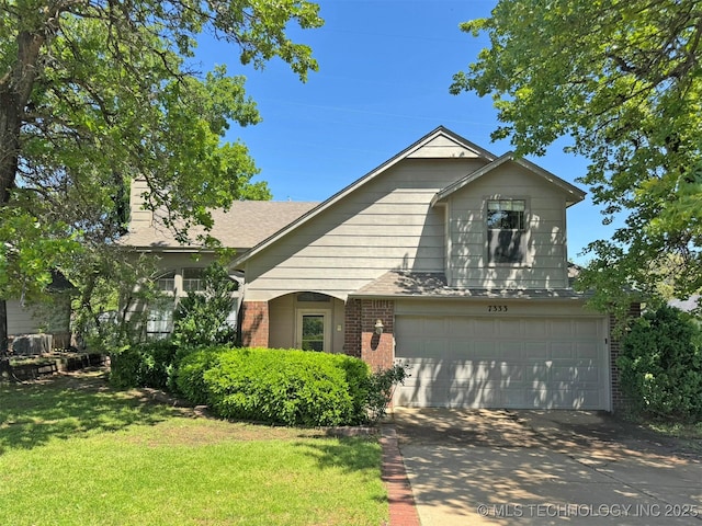 7333 W 36th St, Tulsa, OK 74107 - view of front of property featuring brick siding, driveway, an attached garage, a front lawn, and roof with shingles