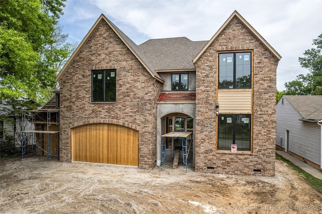 view of front of house with crawl space, brick siding, and roof with shingles