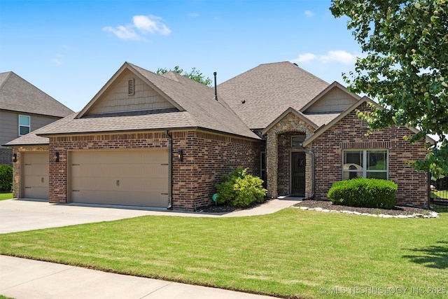 french country home with an attached garage, a shingled roof, brick siding, a front yard, and concrete driveway