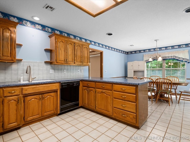 1310 Prairie Heights Dr, Bartlesville, OK 74006 - kitchen featuring dishwasher, open shelves, a sink, a peninsula, and brown cabinetry