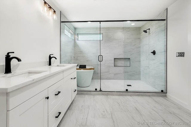 9052 W 151st St S, Sapulpa, OK 74066 - full bathroom with a stall shower, marble finish flooring, a freestanding tub, and double vanity