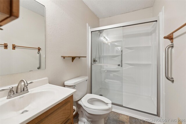 20600 Slick Rd, Kellyville, OK 74039 - full bathroom featuring a shower stall, a textured ceiling, toilet, and vanity
