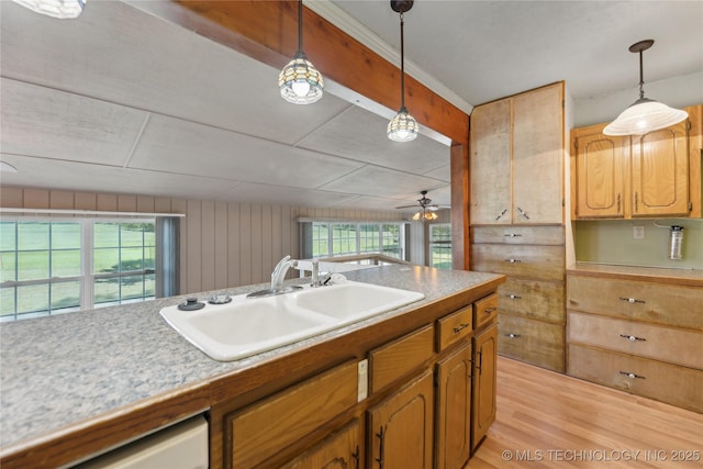 20600 Slick Rd, Kellyville, OK 74039 - kitchen featuring a sink, light wood finished floors, plenty of natural light, and hanging light fixtures