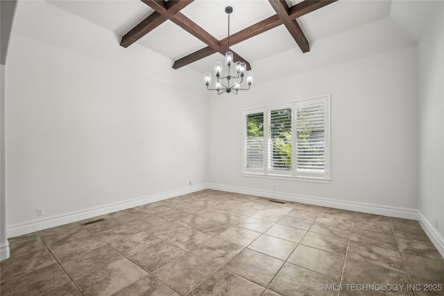 11408 S Harvard Ave, Tulsa, OK 74137 - spare room featuring coffered ceiling, a chandelier, beamed ceiling, and baseboards