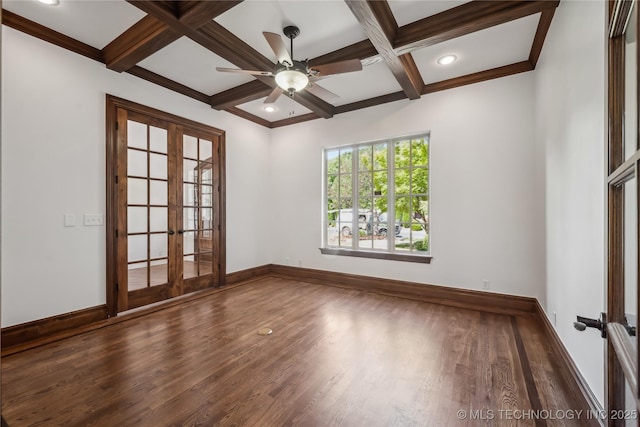 11408 S Harvard Ave, Tulsa, OK 74137 - spare room with french doors, coffered ceiling, wood finished floors, baseboards, and beamed ceiling