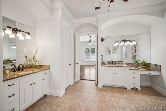 11408 S Harvard Ave, Tulsa, OK 74137 - full bath with a ceiling fan, baseboards, two vanities, and ornamental molding