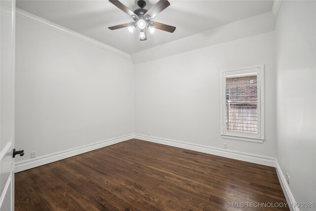 11408 S Harvard Ave, Tulsa, OK 74137 - empty room with ceiling fan, baseboards, dark wood-style flooring, and crown molding