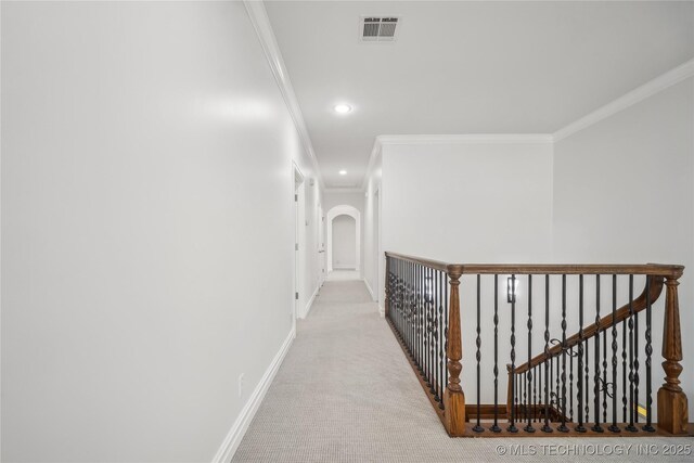11408 S Harvard Ave, Tulsa, OK 74137 - corridor with ornamental molding, baseboards, light colored carpet, an upstairs landing, and recessed lighting