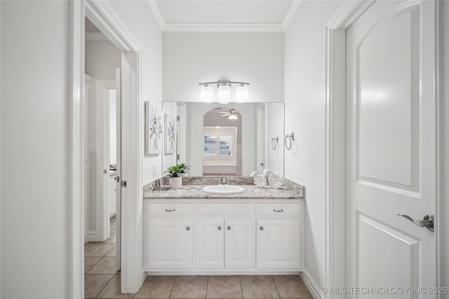 11408 S Harvard Ave, Tulsa, OK 74137 - bathroom featuring tile patterned floors, crown molding, vanity, and a ceiling fan