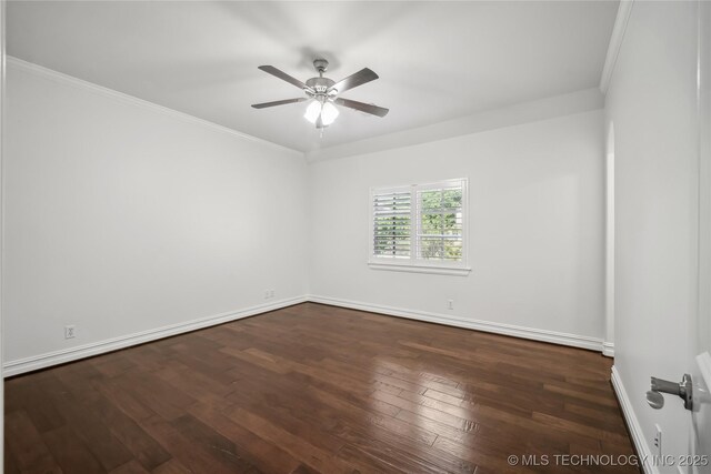 11408 S Harvard Ave, Tulsa, OK 74137 - empty room featuring ceiling fan, crown molding, baseboards, and dark wood-style flooring