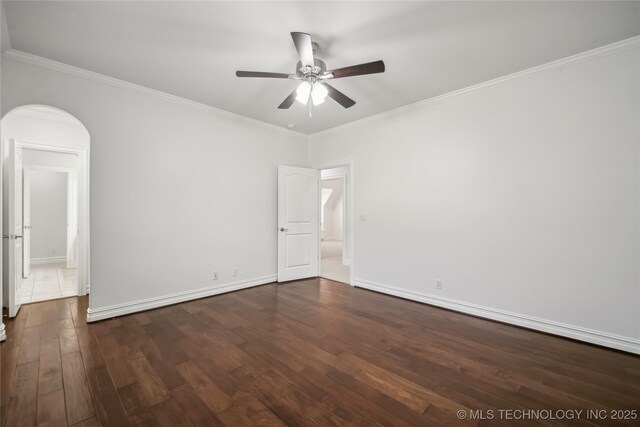 11408 S Harvard Ave, Tulsa, OK 74137 - unfurnished room featuring dark wood-style flooring, ceiling fan, crown molding, and baseboards
