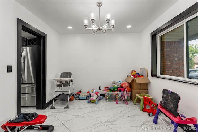 2122 E 52nd St, Tulsa, OK 74105 - playroom with marble finish floors, a chandelier, and recessed lighting