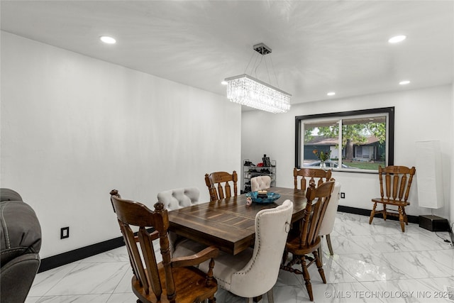 2122 E 52nd St, Tulsa, OK 74105 - dining area featuring light marble finish flooring, recessed lighting, a chandelier, and baseboards