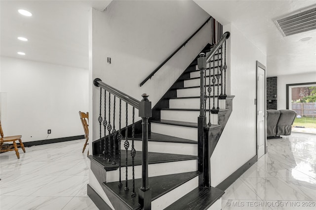 2122 E 52nd St, Tulsa, OK 74105 - stairs with marble finish flooring, baseboards, and recessed lighting