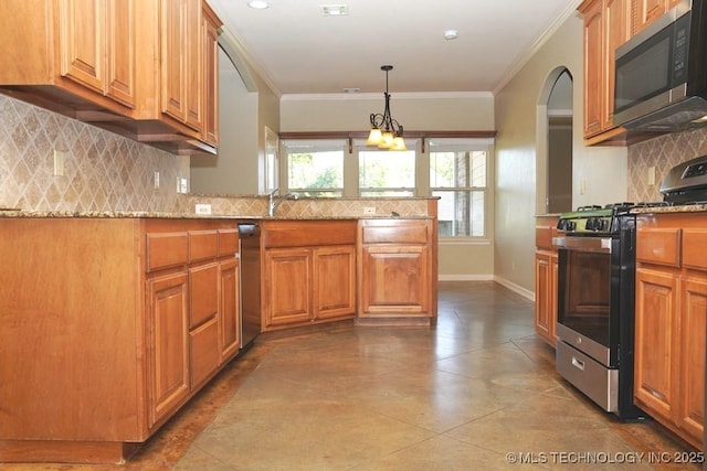 717 W 39th St, Sand Springs, OK 74063 - kitchen featuring appliances with stainless steel finishes, light stone counters, a peninsula, decorative backsplash, and ornamental molding