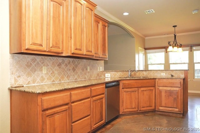 717 W 39th St, Sand Springs, OK 74063 - kitchen featuring dishwasher, a sink, a peninsula, tasteful backsplash, and crown molding