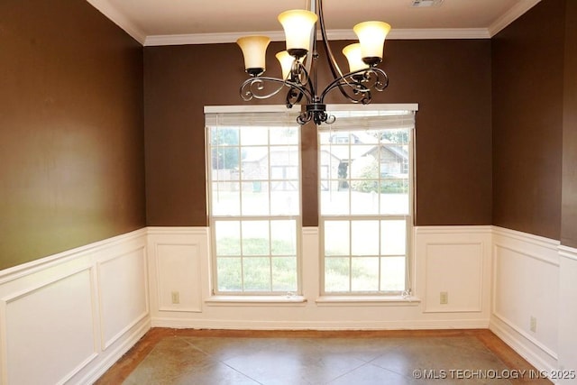 717 W 39th St, Sand Springs, OK 74063 - unfurnished dining area with a chandelier, a decorative wall, a wainscoted wall, light tile patterned floors, and crown molding